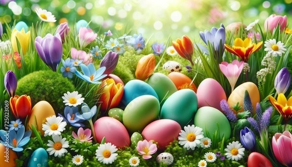 Obraz Pastel Easter Eggs on meadow with spring flowers