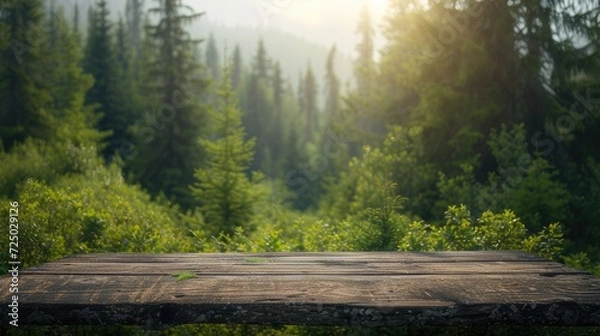 Fototapeta a boreal forest backdrop, featuring an empty wooden table perfect for displaying product mockups, capturing the natural beauty and serenity of the wilderness in a picturesque composition.