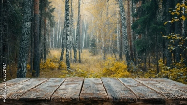 Fototapeta a boreal forest backdrop, featuring an empty wooden table perfect for displaying product mockups, capturing the natural beauty and serenity of the wilderness in a picturesque composition.