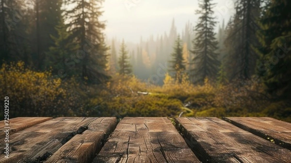 Fototapeta a boreal forest backdrop, featuring an empty wooden table perfect for displaying product mockups, capturing the natural beauty and serenity of the wilderness in a picturesque composition.