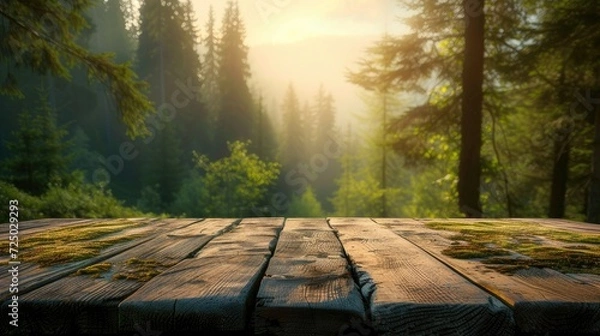 Fototapeta a boreal forest backdrop, featuring an empty wooden table perfect for displaying product mockups, capturing the natural beauty and serenity of the wilderness in a picturesque composition.