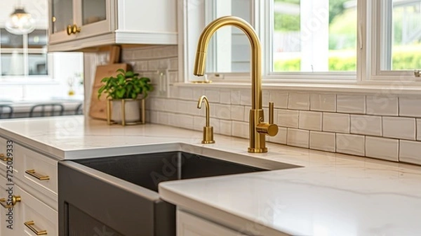 Fototapeta a modern kitchen featuring a beautiful sink adorned with a luxurious gold faucet, complemented by a striking black apron or farmhouse sink, pristine white granite countertops.