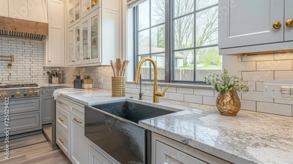 Fototapeta a modern kitchen featuring a beautiful sink adorned with a luxurious gold faucet, complemented by a striking black apron or farmhouse sink, pristine white granite countertops.