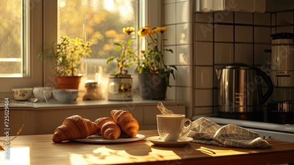 Fototapeta a cup of coffee arranged on the table, bathed in warm filter lighting streaming in from the kitchen window, evoking a comforting and inviting atmosphere perfect for starting the day.