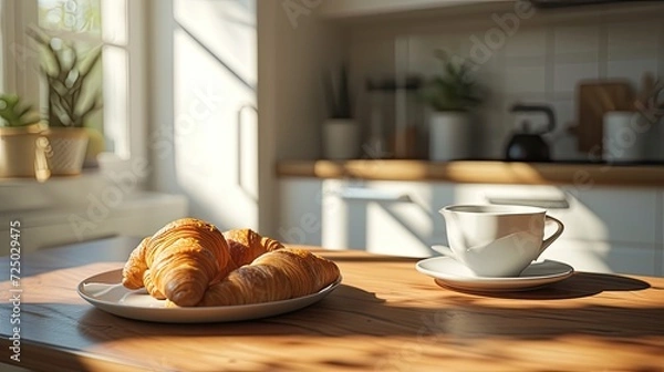 Fototapeta a cup of coffee arranged on the table, bathed in warm filter lighting streaming in from the kitchen window, evoking a comforting and inviting atmosphere perfect for starting the day.