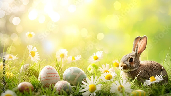 Obraz Rabbit Sitting in Grass With Eggs