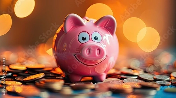 Fototapeta a cheerful pink piggy bank, overflowing with coins, symbolizing the rewards of disciplined saving and wealth accumulation.