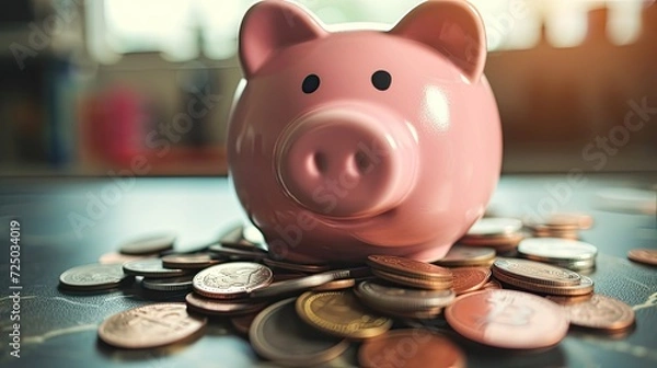 Fototapeta a cheerful pink piggy bank, overflowing with coins, symbolizing the rewards of disciplined saving and wealth accumulation.