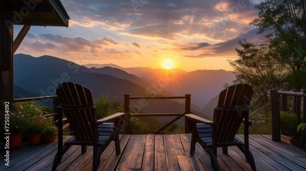 Fototapeta a rustic cabin terrace adorned with sleek black wooden chairs, overlooking a majestic mountain landscape bathed in the warm hues of a vibrant sunset, evoking a sense of tranquility and serenity.