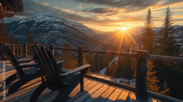 Fototapeta a rustic cabin terrace adorned with sleek black wooden chairs, overlooking a majestic mountain landscape bathed in the warm hues of a vibrant sunset, evoking a sense of tranquility and serenity.