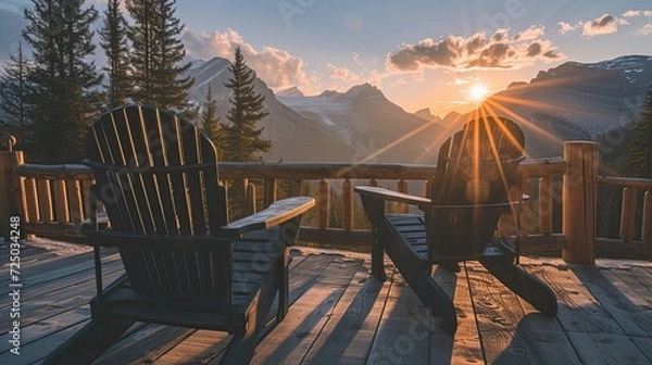 Fototapeta a rustic cabin terrace adorned with sleek black wooden chairs, overlooking a majestic mountain landscape bathed in the warm hues of a vibrant sunset, evoking a sense of tranquility and serenity.