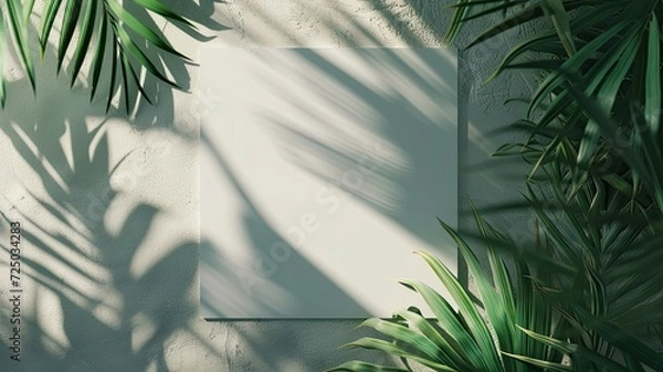 Fototapeta square paper mockup featuring shadow overlays from a tropical plant, a versatile template for flyers, posters, blank canvases, social media posts, or logo designs in a trendy style.