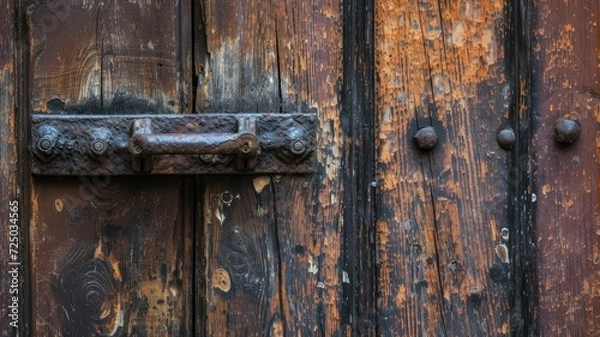 Fototapeta an aged wooden door, focusing on the rustic beauty of its textured surface and the character imbued by the vintage metal handle in a compelling close-up shot.