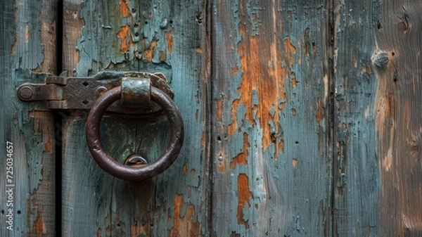 Fototapeta an aged wooden door, focusing on the rustic beauty of its textured surface and the character imbued by the vintage metal handle in a compelling close-up shot.