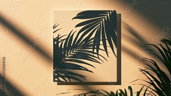 Fototapeta square paper mockup featuring shadow overlays from a tropical plant, a versatile template for flyers, posters, blank canvases, social media posts, or logo designs in a trendy style.