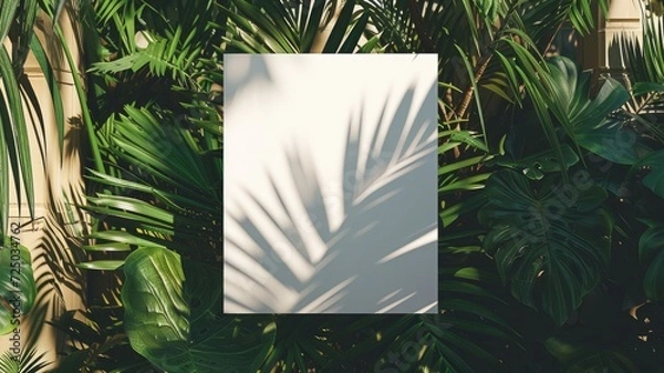 Fototapeta square paper mockup featuring shadow overlays from a tropical plant, a versatile template for flyers, posters, blank canvases, social media posts, or logo designs in a trendy style.