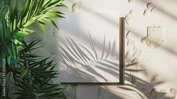 Fototapeta square paper mockup featuring shadow overlays from a tropical plant, a versatile template for flyers, posters, blank canvases, social media posts, or logo designs in a trendy style.