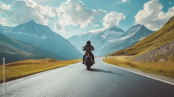 Fototapeta a motorcycle driver cruising along a scenic alpine highway, surrounded by towering peaks and winding roads, showcasing the thrill of adventure amidst breathtaking mountain vistas.