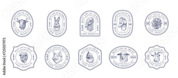 Fototapeta Warzywa mięsne i farmę drobiu retro odznaki szablony logo. Ręcznie narysowane zwierzęta domowe i ptaki szkice z typografią retro. Set emblematy szkicu vintage Izolowane
