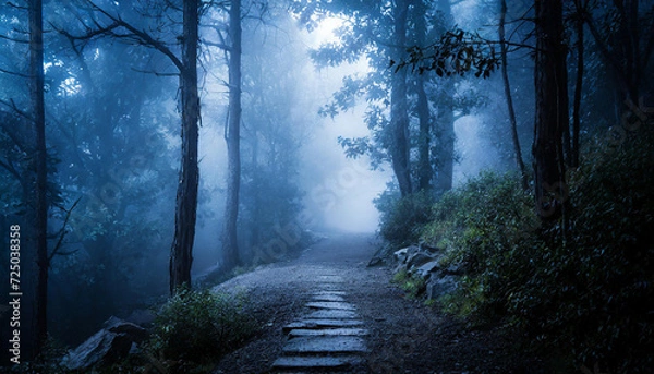 Obraz Perspective of path trail through the frozen and foggy forrest