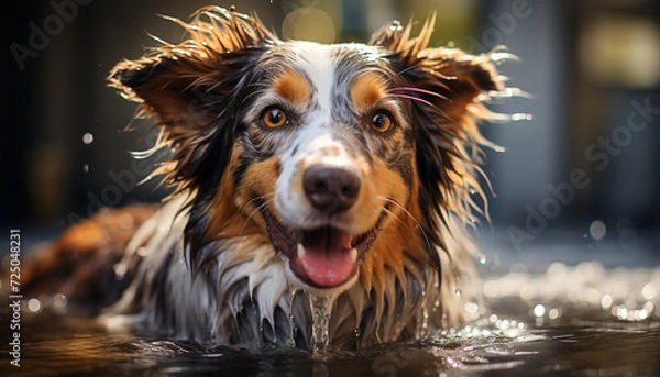 Fototapeta Cute puppy sitting outdoors, wet and playful, looking at camera generated by AI