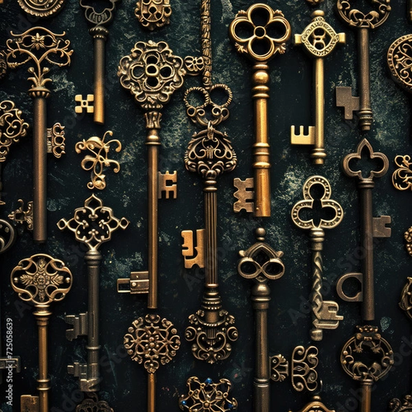 Fototapeta Set of old rusty keys on background.Knolling.