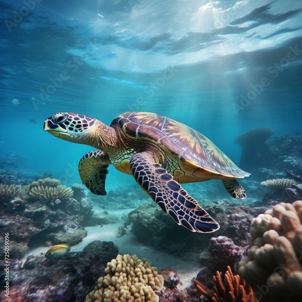 Obraz A large sea turtle swims in the ocean underwater.
