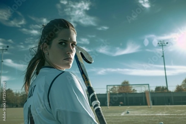 Obraz Determined female athlete with tennis racket on a cool, desolate court, portraying resilience and focus in a competitive sport.

