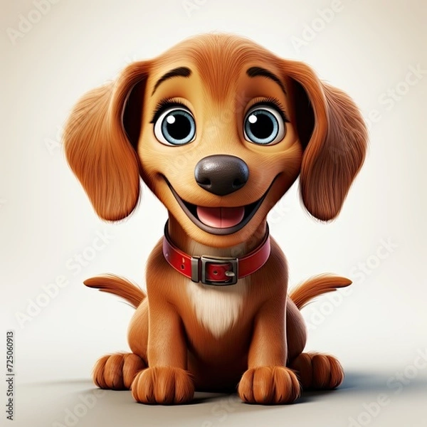 Obraz Friendly cheerful cartoon character 3d dachshund puppy illustration for children. Cute dachshund dog print on clothing, stationery, books, merchandise. 3D dachshund toy puppy. Funny pets.