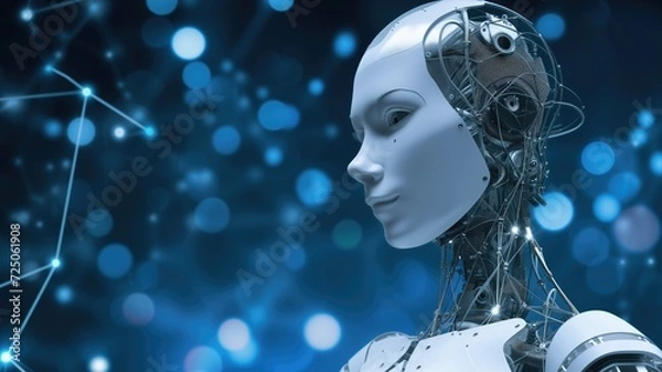 Fototapeta Close-up of an android head with visible mechanics, blue background