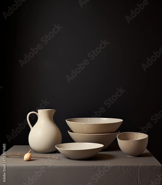 Fototapeta  a table topped with white bowls and a white pitcher next to a white bowl and a white bowl on top of a table.