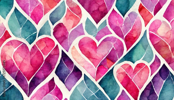 Fototapeta Seamless pattern with bright hand painted watercolor hearts