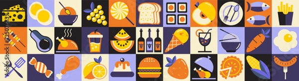 Fototapeta Winter food and drink pattern collection, breakfast, delicious, nutritious. Set of vector icons that can be edited and changed. Mosaic pattern. Geometric style.
