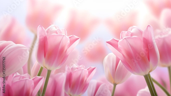 Fototapeta Kwiatowe różowe minimalistyczne tło na życzenia z okazji Dnia Kobiet, Dnia Matki, Dnia Babci, Urodzin czy pierwszego dnia wiosny. Szablon na baner lub mockup z tulipanami. 