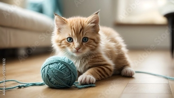 Fototapeta A playful kitten with a yarn ball, a charming scene capturing feline exuberance and the joy of carefree antics in a cozy domestic setting.