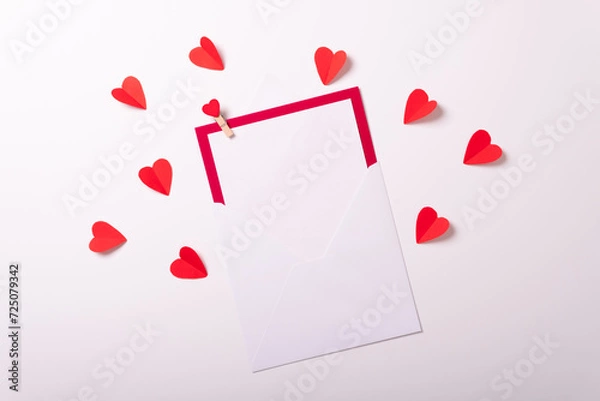 Obraz Valentine's day card top view white background red hearts holiday congratulations love minimalistic tree abstract corporative frame happy mockup celebration decoration isolated