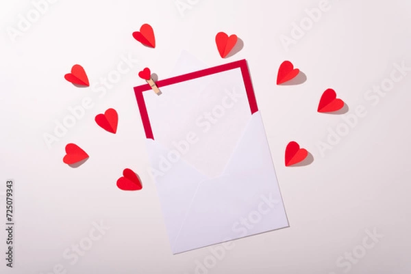 Obraz Valentine's day card top view white background red hearts holiday congratulations love minimalistic tree abstract corporative frame happy mockup celebration decoration isolated