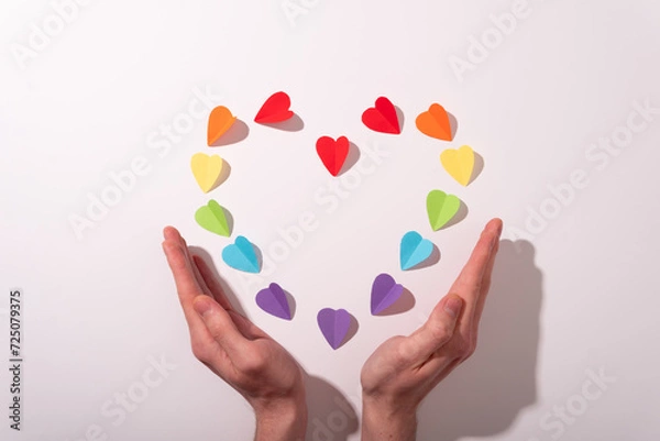 Fototapeta Valentine's day card top view white background red hearts holiday congratulations love minimalistic abstract corporative frame happy mockup celebration decoration isolated colorfull pride lgbt flag