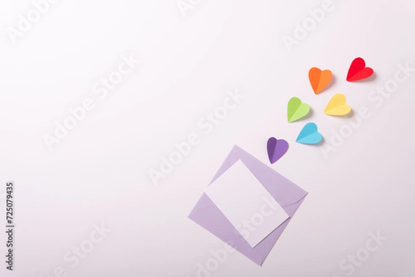 Obraz Valentine's day card top view white background red hearts holiday congratulations love minimalistic abstract corporative frame happy mockup celebration decoration isolated colorfull pride lgbt flag