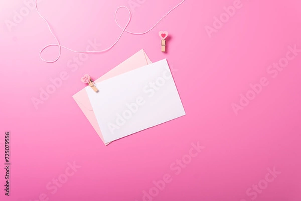 Obraz envelope pink background rose valentines day celebrate holiday top angle top view mockup red heart 