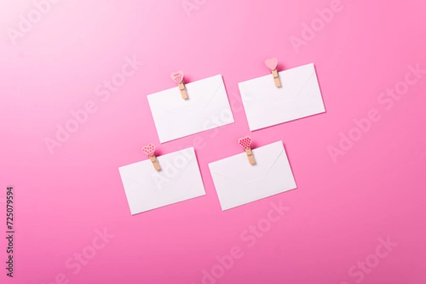 Obraz envelope pink background rose valentines day celebrate holiday top angle top view mockup red heart 