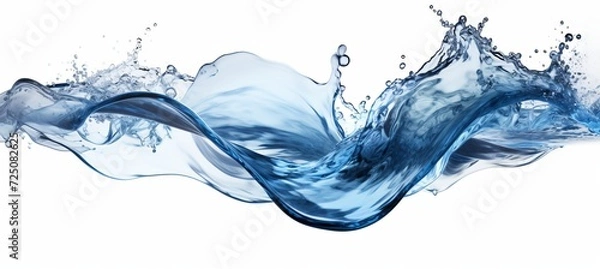 Fototapeta Abstract blue water wave background with splashing drops and copy space on white surface