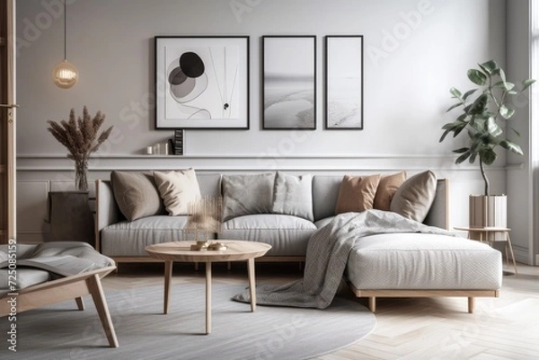 Fototapeta The interior of a Scandinavian living room features a grey sofa, mock up picture frames, plants, pillows, a marble stool, and chic personal items