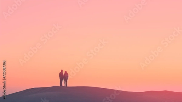 Fototapeta Silhouette of a loving couple standing in the desert at sunset