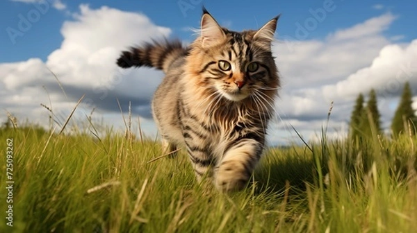 Obraz cat, American Bobtail running on a grass
