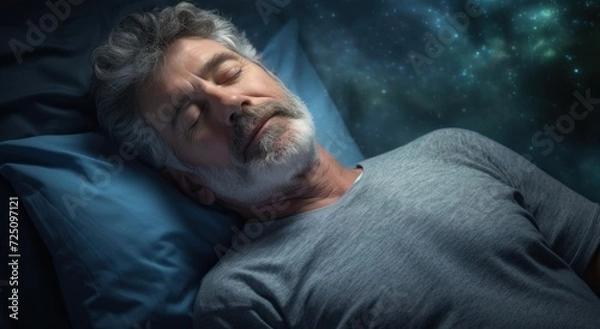 Obraz a man sleeping in bed with white powder on his beard