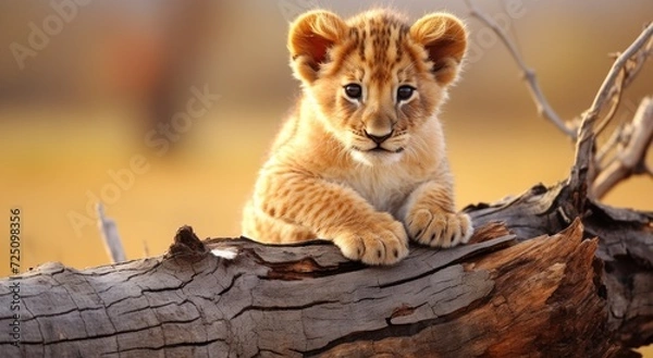Obraz a baby lion on a log