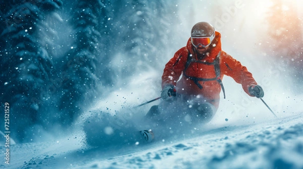 Fototapeta Intense Downhill Skiing in a Snowstorm