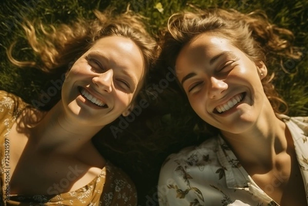 Obraz two happy women lying on the grass and smiling. Two young women are lying on the grass in a park while they are joking - Back light portrait of millennials having a summer day at sunset in the city