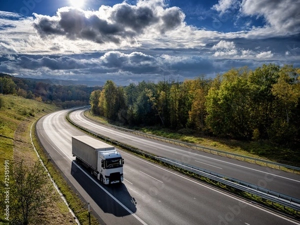 Obraz White truck driving on the highway winding through forested landscape in autumn colors at sunset with dark clouds